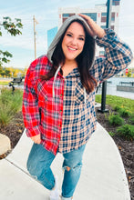 Load image into Gallery viewer, Main Attraction Red &amp; Navy Plaid Color Block Button Down Hoodie
