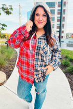 Load image into Gallery viewer, Main Attraction Red &amp; Navy Plaid Color Block Button Down Hoodie
