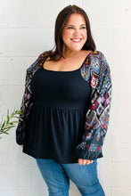 Load image into Gallery viewer, Charming Black Square Neck Border Print Bubble Sleeve Top
