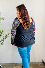 Load image into Gallery viewer, Charming Black Square Neck Border Print Bubble Sleeve Top
