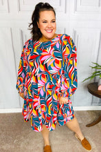 Load image into Gallery viewer, Perfectly You Teal Abstract Smocked Bubble Sleeve Dress
