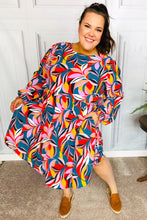 Load image into Gallery viewer, Perfectly You Teal Abstract Smocked Bubble Sleeve Dress
