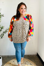 Load image into Gallery viewer, Rust &amp; Khaki Geometric Animal Print Color Block Bubble Sleeve Top
