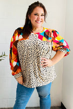 Load image into Gallery viewer, Rust &amp; Khaki Geometric Animal Print Color Block Bubble Sleeve Top
