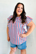 Load image into Gallery viewer, American Red White &amp; Blue Stripe Shirred Yoke Neck Top
