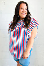 Load image into Gallery viewer, American Red White &amp; Blue Stripe Shirred Yoke Neck Top
