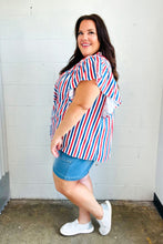 Load image into Gallery viewer, American Red White &amp; Blue Stripe Shirred Yoke Neck Top
