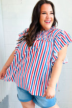 Load image into Gallery viewer, American Red White &amp; Blue Stripe Shirred Yoke Neck Top
