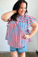 Load image into Gallery viewer, American Red White &amp; Blue Stripe Shirred Yoke Neck Top
