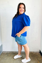 Load image into Gallery viewer, Lovely In Holiday Blue Frill Mock Neck Woven Top
