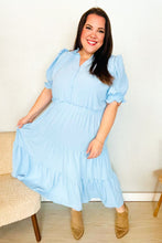 Load image into Gallery viewer, Follow Me Aqua Frill Notch Neck Shirred Waist Tiered Maxi Dress
