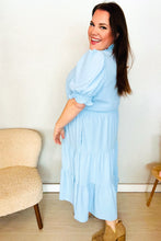 Load image into Gallery viewer, Follow Me Aqua Frill Notch Neck Shirred Waist Tiered Maxi Dress
