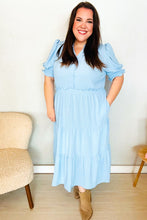 Load image into Gallery viewer, Follow Me Aqua Frill Notch Neck Shirred Waist Tiered Maxi Dress
