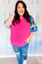 Load image into Gallery viewer, Tell Your Story Fuchsia Geo Print Puff Sleeve V Neck Top
