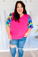 Load image into Gallery viewer, Tell Your Story Fuchsia Geo Print Puff Sleeve V Neck Top
