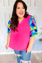 Load image into Gallery viewer, Tell Your Story Fuchsia Geo Print Puff Sleeve V Neck Top
