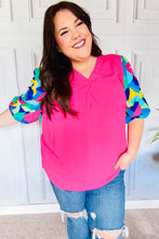 Load image into Gallery viewer, Tell Your Story Fuchsia Geo Print Puff Sleeve V Neck Top
