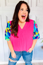 Load image into Gallery viewer, Tell Your Story Fuchsia Geo Print Puff Sleeve V Neck Top
