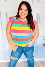 Load image into Gallery viewer, Relaxed Fun Mint &amp; Fuchsia Stripe Flutter Sleeve Terry Knit Top
