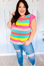 Load image into Gallery viewer, Relaxed Fun Mint &amp; Fuchsia Stripe Flutter Sleeve Terry Knit Top
