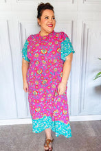 Load image into Gallery viewer, Charming Fuchsia &amp; Mint Floral Frill Mock Neck Flutter Sleeve Midi Dress
