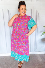 Load image into Gallery viewer, Charming Fuchsia &amp; Mint Floral Frill Mock Neck Flutter Sleeve Midi Dress
