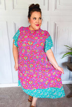 Load image into Gallery viewer, Charming Fuchsia &amp; Mint Floral Frill Mock Neck Flutter Sleeve Midi Dress
