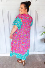 Load image into Gallery viewer, Charming Fuchsia &amp; Mint Floral Frill Mock Neck Flutter Sleeve Midi Dress
