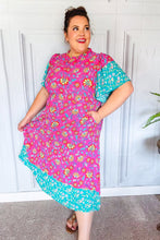 Load image into Gallery viewer, Charming Fuchsia &amp; Mint Floral Frill Mock Neck Flutter Sleeve Midi Dress
