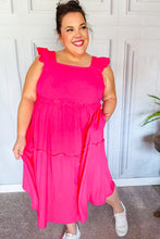 Load image into Gallery viewer, Lots To Love Fuchsia Smocked Flutter Sleeve Tiered Midi Dress
