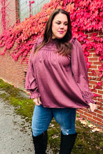 Load image into Gallery viewer, Be Your Best Wine Satin Shirred Yoke Frilled Mock Neck Top
