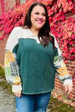 Load image into Gallery viewer, Fall For You Hunter Green Plaid Color Block Collared Terry Top
