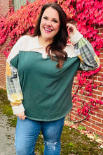 Load image into Gallery viewer, Fall For You Hunter Green Plaid Color Block Collared Terry Top
