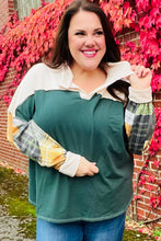 Load image into Gallery viewer, Fall For You Hunter Green Plaid Color Block Collared Terry Top
