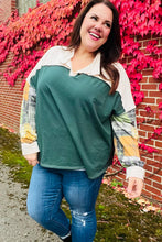 Load image into Gallery viewer, Fall For You Hunter Green Plaid Color Block Collared Terry Top
