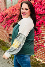 Load image into Gallery viewer, Fall For You Hunter Green Plaid Color Block Collared Terry Top
