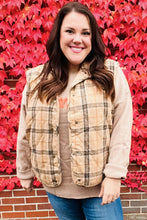 Load image into Gallery viewer, Layer Up Taupe Plaid Snap Button Quilted Puffer Vest
