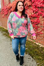 Load image into Gallery viewer, Beautiful You Vintage Teal Floral Print V Neck Hacci Knit Sweater
