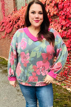 Load image into Gallery viewer, Beautiful You Vintage Teal Floral Print V Neck Hacci Knit Sweater
