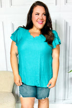 Load image into Gallery viewer, Eyes On You Teal Scalloped V Neck Tulip Sleeve Top
