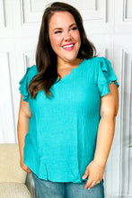 Load image into Gallery viewer, Eyes On You Teal Scalloped V Neck Tulip Sleeve Top
