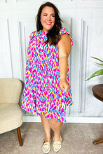 Load image into Gallery viewer, Feeling Femme&#39; Fuchsia &amp; Mint Abstract Print Frill Mock Neck Dress
