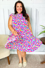 Load image into Gallery viewer, Feeling Femme&#39; Fuchsia &amp; Mint Abstract Print Frill Mock Neck Dress
