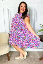 Load image into Gallery viewer, Feeling Femme&#39; Fuchsia &amp; Mint Abstract Print Frill Mock Neck Dress
