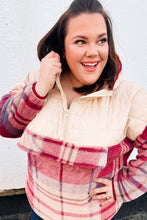 Load image into Gallery viewer, Tried &amp; True Oatmeal &amp; Garnet Plaid Half Zip Puffer Hoodie
