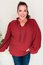 Load image into Gallery viewer, Feeling Femme Off Burgundy Frilled Edge V Neck Tie Top
