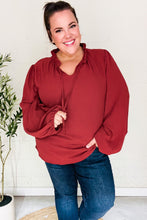 Load image into Gallery viewer, Feeling Femme Off Burgundy Frilled Edge V Neck Tie Top
