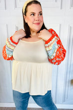 Load image into Gallery viewer, Hello Beautiful Oatmeal &amp; Orange Square Neck Paisley Floral Blouse
