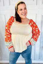 Load image into Gallery viewer, Hello Beautiful Oatmeal &amp; Orange Square Neck Paisley Floral Blouse
