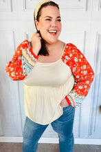 Load image into Gallery viewer, Hello Beautiful Oatmeal &amp; Orange Square Neck Paisley Floral Blouse
